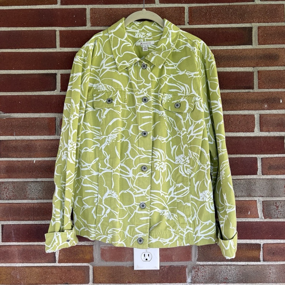 JM Collection Sz 14 100% Cotton Green White Floral Spring Jean Jacket Art A3289